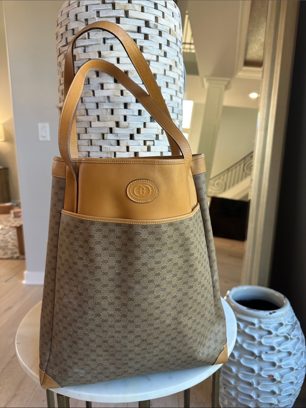 Gucci Vintage Beige Monogram Tote with Tan Leather Trim